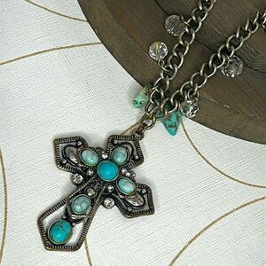 Cross necklace, silver with turquoise beads